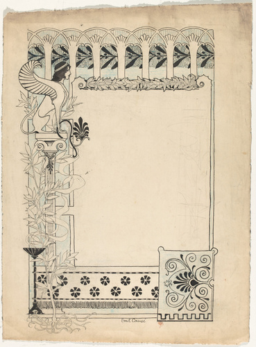 Emile Causé - Encadrement de page à décors végétaux stylisés, sphinge assise sur...