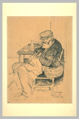 Jules Adler - Chemineau assis près d'une table, sa besace à l'épaule