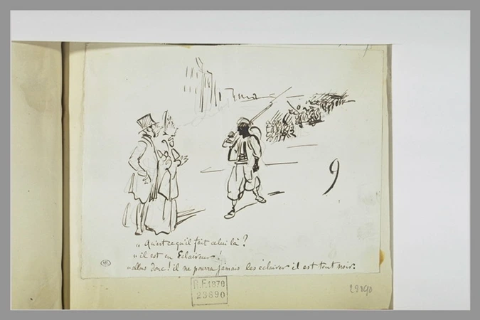 Cham - Caricature : deux bourgeois regardant un turc qui précède un corps de tro...