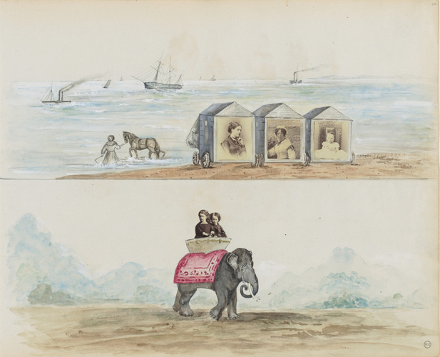 Georgiana Louisa Berkeley - Scène à la plage et deux enfants à dos d'éléphant