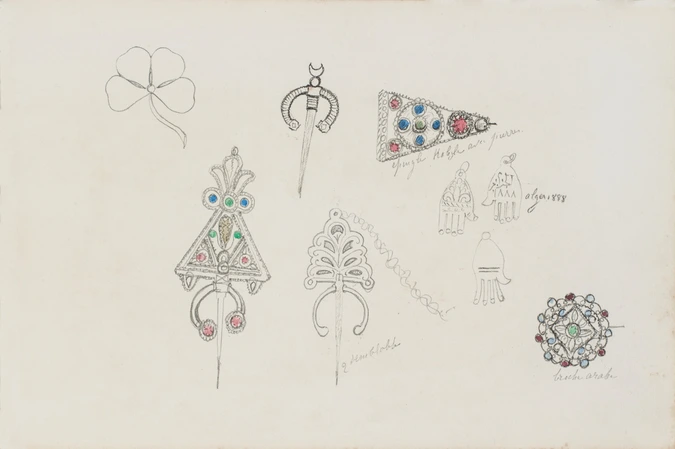 Enguerrand du Suau de la Croix - Divers dessins d'objets et bijoux dont trèfle, ...
