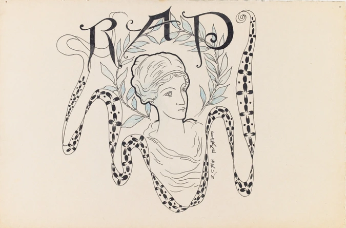 Projet de monogramme pour la Revue des Arts Décoratifs (RAD), buste féminin à l'antique entouré d'une branche de feuillage - Pierre Brun