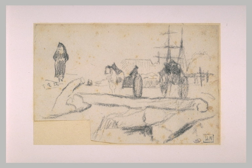 Paul Gauguin - Paysage avec bateau, deux voitures à chevaux, personnages et arbr...