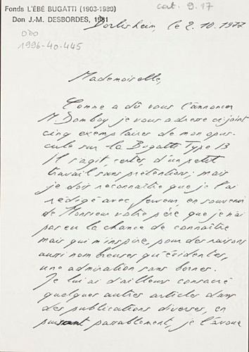 Anonyme - Lettre de J.P. Mutschler à L'Ebé Bugatti