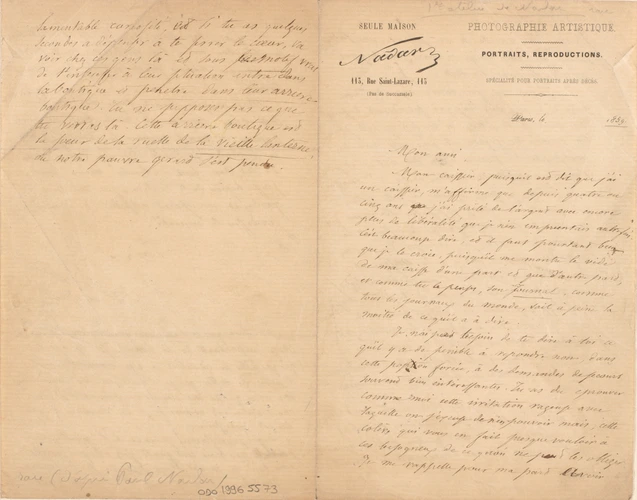 Nadar - Lettre de Félix Nadar à un destinataire non identifié