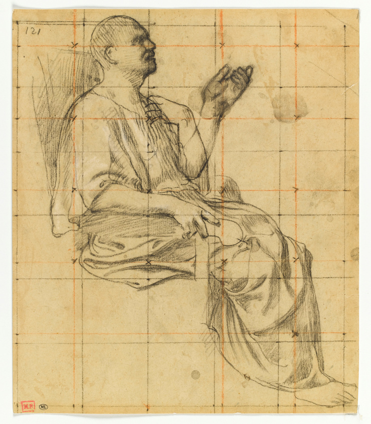 Pierre Puvis de Chavannes - Homme assis, drapé, de profil vers la droite, la mai...