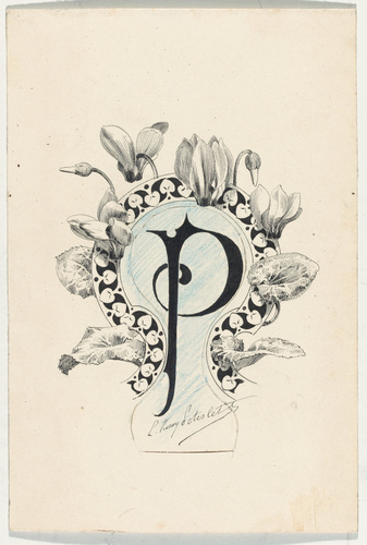 Louis Henri Poterlet - Lettre ornée P sur fond de cyclamen et entourage stylisé ...