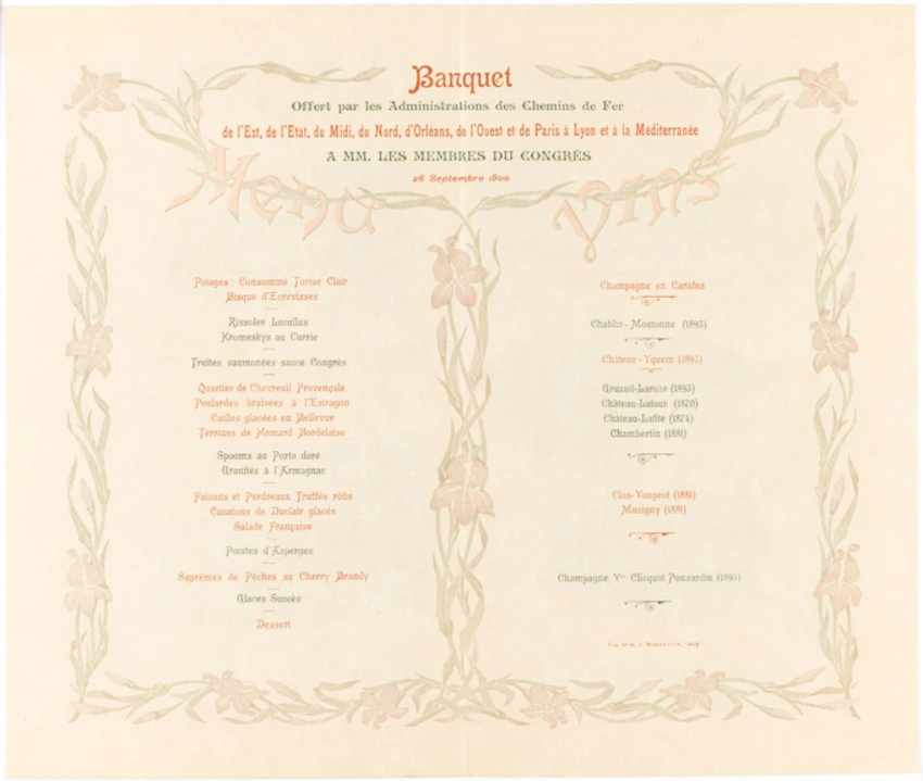 Menu du banquet du Congrès international des Chemins de fer, Paris, 1900 - Anonyme