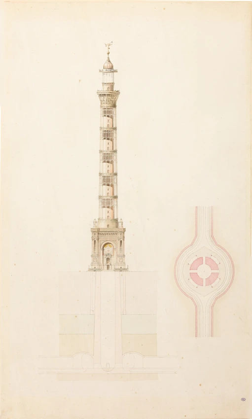 Jules Bourdais - Projet de phare monumental pour Paris, élévation, coupe sur les...
