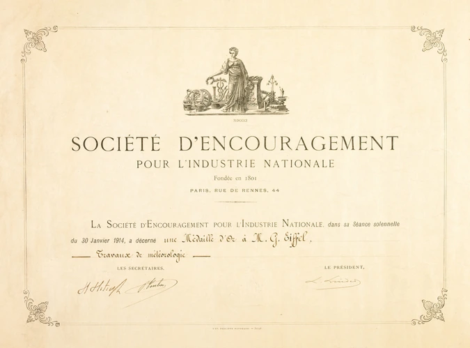 Anonyme - Diplôme de médaille d'or décerné à Gustave Eiffel par la Société d'enc...