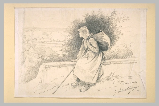 Edouard Debat-Ponsan - Femme assise sur un mur, un ballot sur le dos, regardant ...