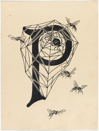 Léopold Lelée - Lettre ornée P prise dans une toile d'araignée, araignée, abeill...