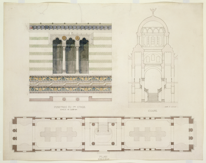 Projet pour l'Exposition universelle de 1900, pavillon roumain, fenêtres du premier étage, plan et coupe du pavillon - Jean-Camille Formigé