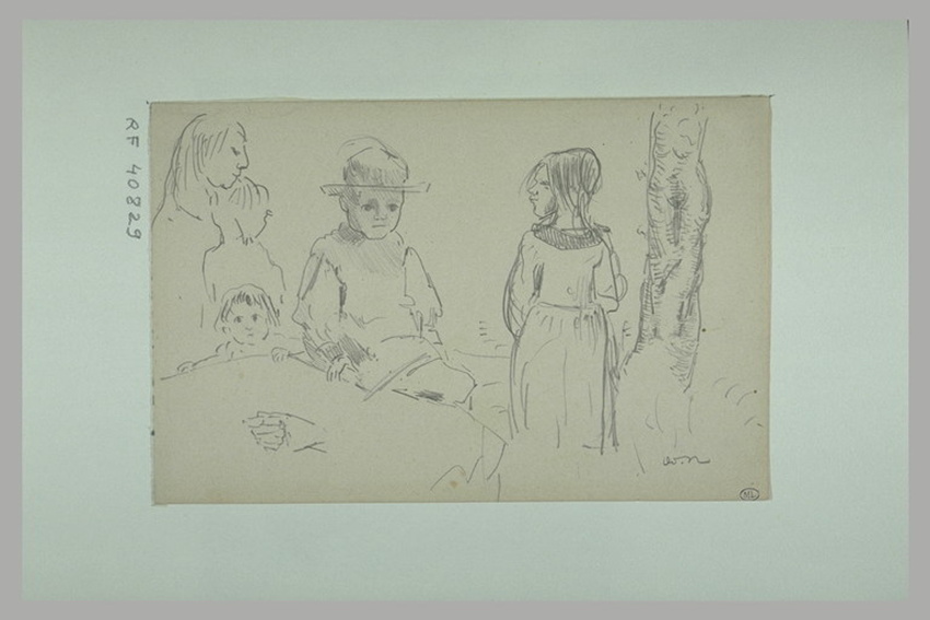 Odilon Redon - Femme avec deux enfants, petit garçon coiffé d'un chapeau et peti...