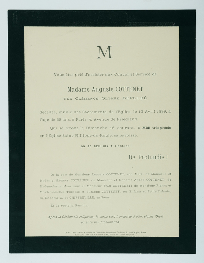 Anonyme - Faire-part de décès de Mme Auguste Cottenet, 13 avril 1899