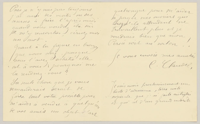 Camille Claudel - Lettre de Camille Claudel au capitaine Tissier qui met à dispo...
