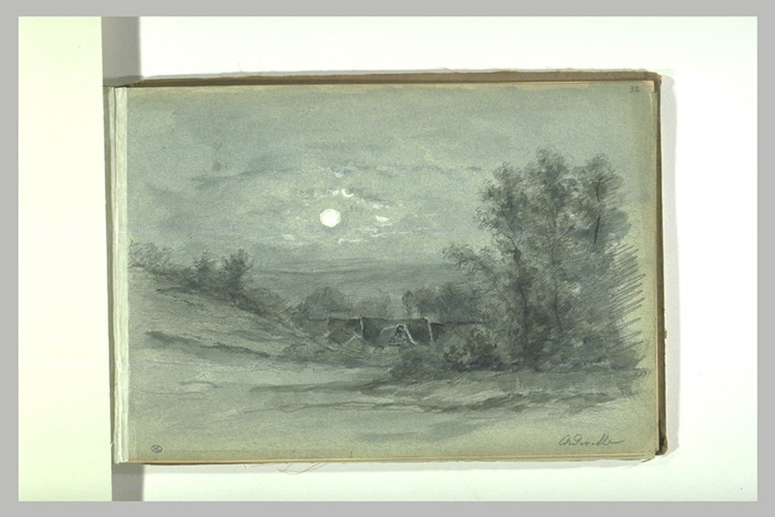 Léonide Bourges - Ferme dans un paysage, un soir de pleine lune