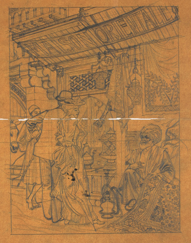 Eugène Grasset - Passants devant la vitrine d'une boutique, maison orientale