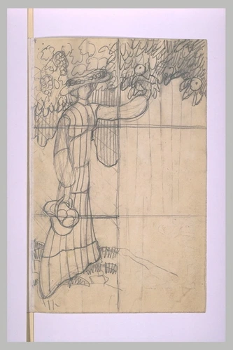 Jean-Emile Laboureur - Projet de vitrail : jeune femme debout sous les arbres, d...