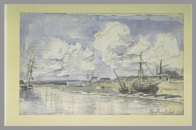 Johan Barthold Jongkind - Le port d'Honfleur à marée basse, avec des bateaux éch...
