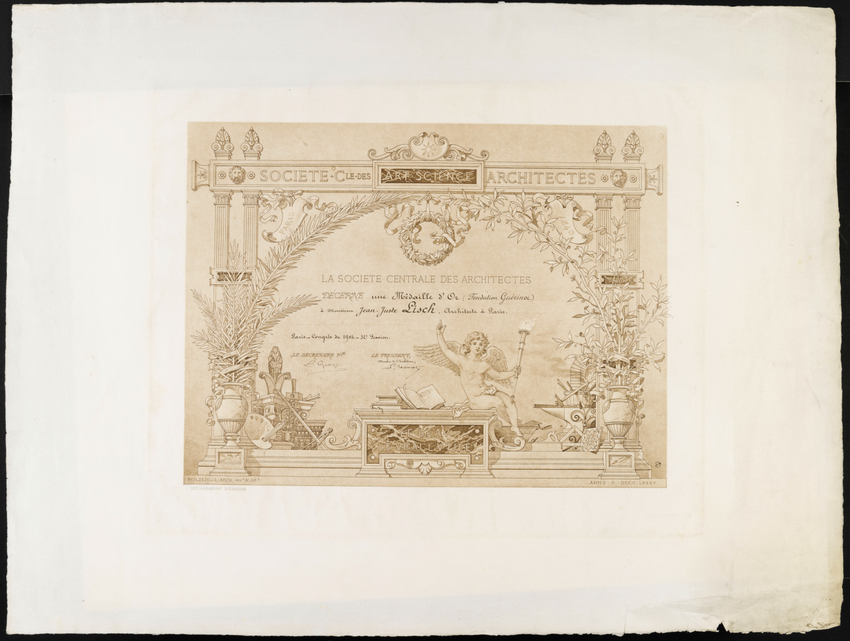 Diplôme de médaille d'or de la Société centrale des architectes décerné à M. Jean-Juste Lisch, Congrès de 1904 - Anonyme