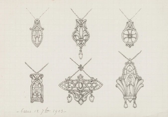 Enguerrand du Suau de la Croix - Six modèles de pendentifs avec saint, fleur de ...