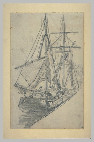 Claude Monet - Deux barques de pêche, voiles tombées, amarrées à un quai.