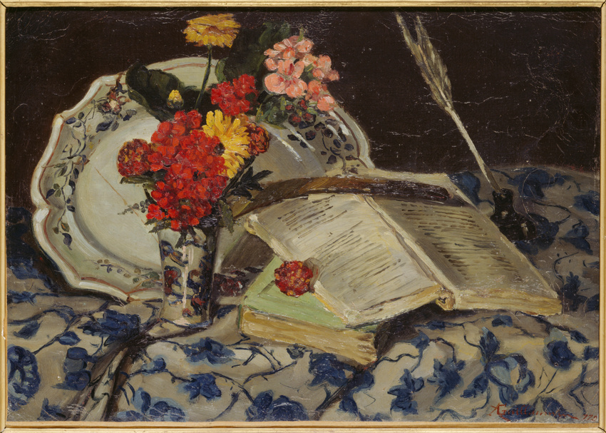 Armand Guillaumin - Nature morte : fleurs, faience, livres