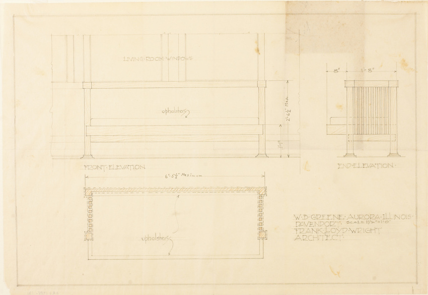 Frank Lloyd Wright - Projet de banc en chêne pour la salle à manger de W.B. Gree...