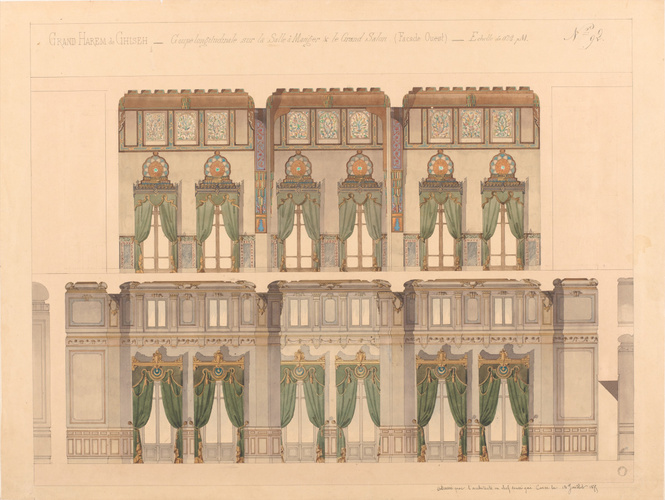 Ambroise Baudry - Grand harem de Ghiseh, coupe longitudinale sur la salle à mang...