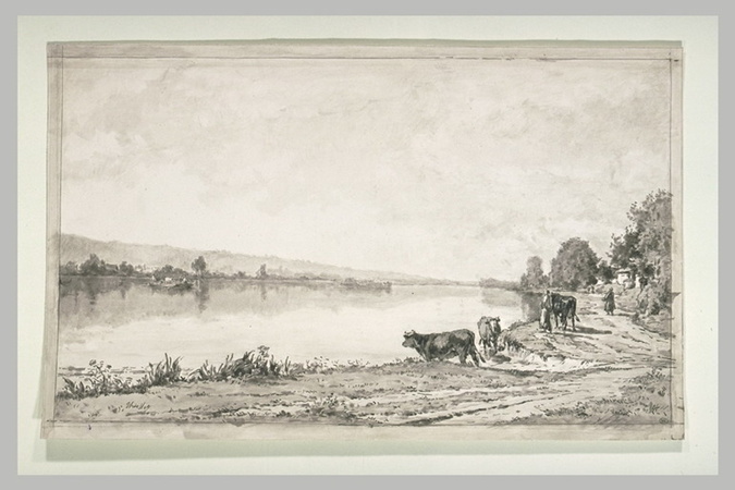 Alexandre Thiollet - Paysage de rivière avec une femme et trois vaches