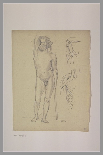 Odilon Redon - Homme nu debout, de face, tenant à deux mains derrière son dos un...