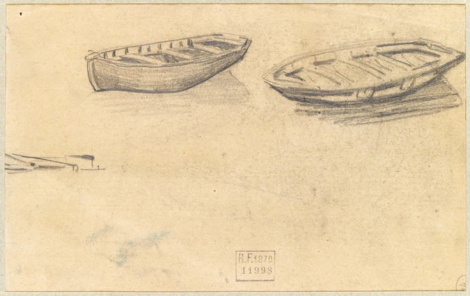 Claude Monet - Deux barques de pêche, voiles tombées, amarrées à un quai.