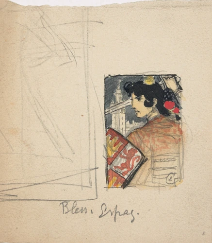 Eugène Grasset - Femme espagnole tenant un bouclier avec armoiries et brandissan...