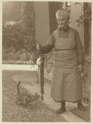 Charles Augustin Lhermitte - Femme agée présentant un gros poisson à un chat
