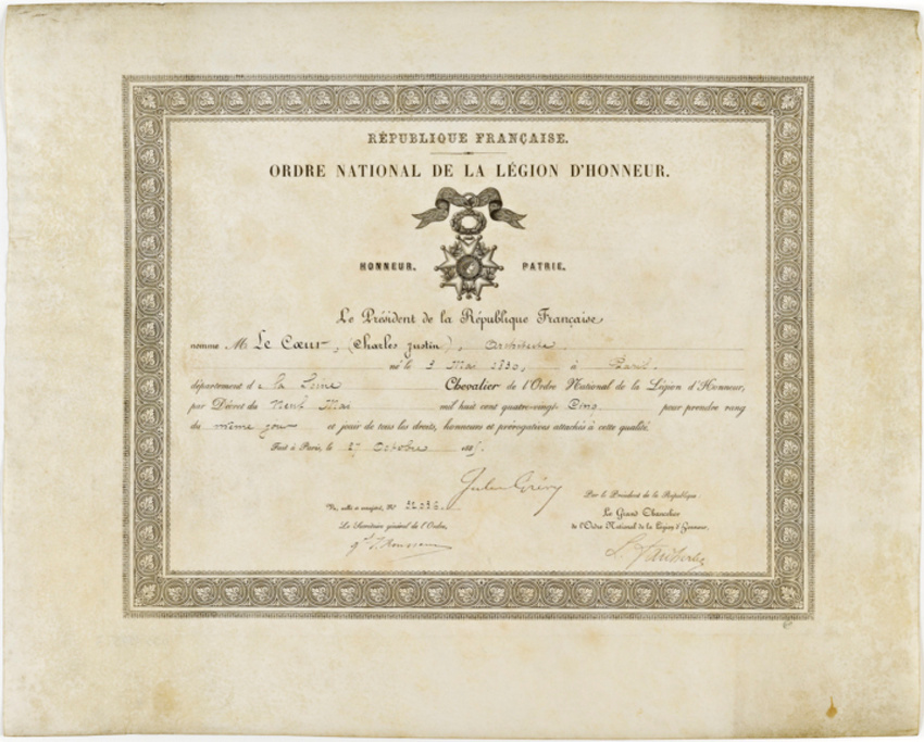 Anonyme - Certificat de nomination au grade de chevalier de la Légion d'Honneur ...