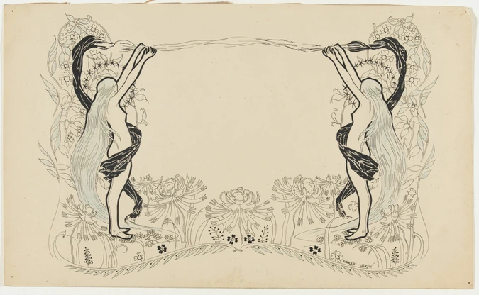Encadrement de titre avec deux figures féminines nues, à la longue chevelure dénouée. Une draperie s'enroule autour du corps des deux femmes. Décor floral - Pierre Brun