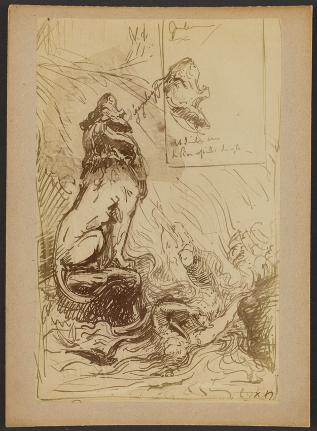 D. Freuler - Photographie d'une feuille de croquis de lion hurlant et personnage...