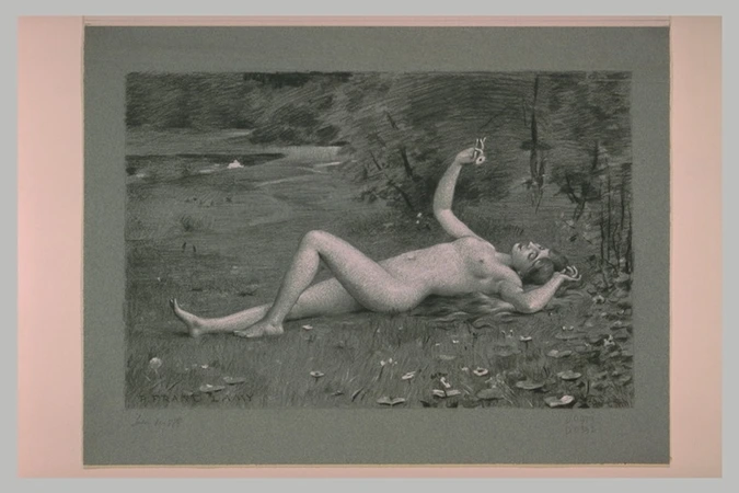 Franc-Lamy - Jeune femme nue, étendue dans un pré, contemplant une marguerite