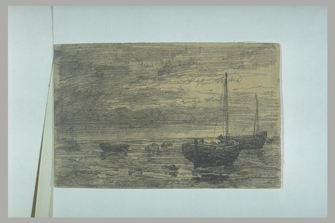 Eugène Boudin - Grève au crépuscule ; barques échouées