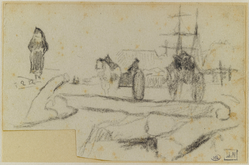 Paul Gauguin - Paysage avec bateau, deux voitures à chevaux, personnages et arbr...