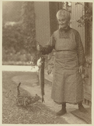 Charles Augustin Lhermitte - Femme agée présentant un gros poisson à un chat