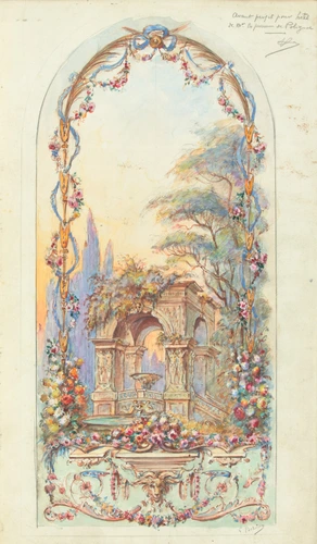 Décoration murale représentant une fontaine monumentale entourée d'arbres et de motifs floraux, projet pour l'hôtel de Polignac - Anonyme