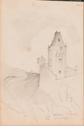 Louis Boitte - Arques, vue générale du château, rampe d'escalier au verso