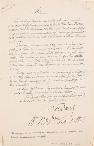 Nadar - Lettre de Félix Nadar en vue de la préparation du Panthéon (celle-ci est...