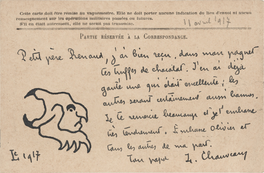 Léopold Chauveau - Carte postale de Léopold Chauveau à son fils Renaud