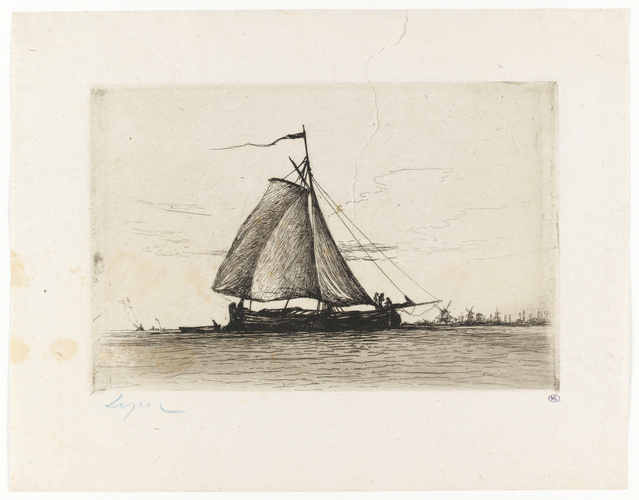 Ludovic Napoléon Lepic - Barque à voile au large d'une rive animée de moulins à ...