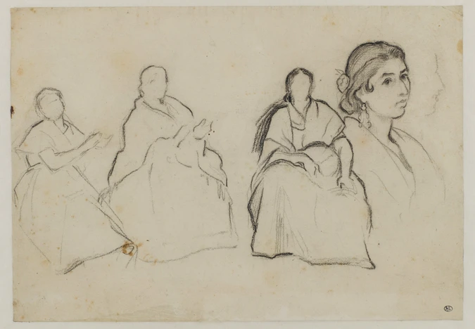 Alfred Dehodencq - Trois femmes assises, claquant des mains, et buste d'une gita...