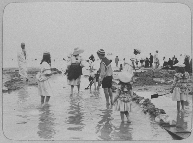 Gustave Popelin - La Plage, enfants jouant dans l'eau