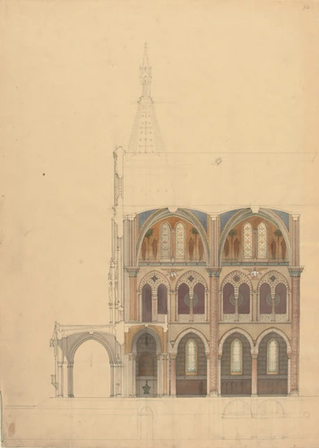Louis Boitte - Eglise néo-gothique, coupe sur le porche et les premières travées...